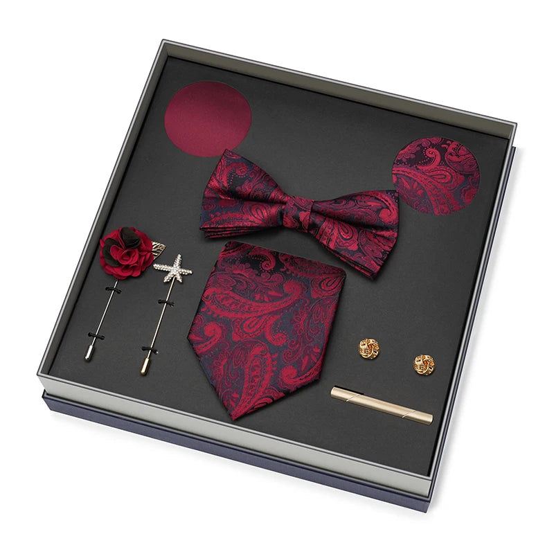 Men Gift Box Set 8CM Red and Royal Blue Tie Cufflink and Handkerchief Gift Set