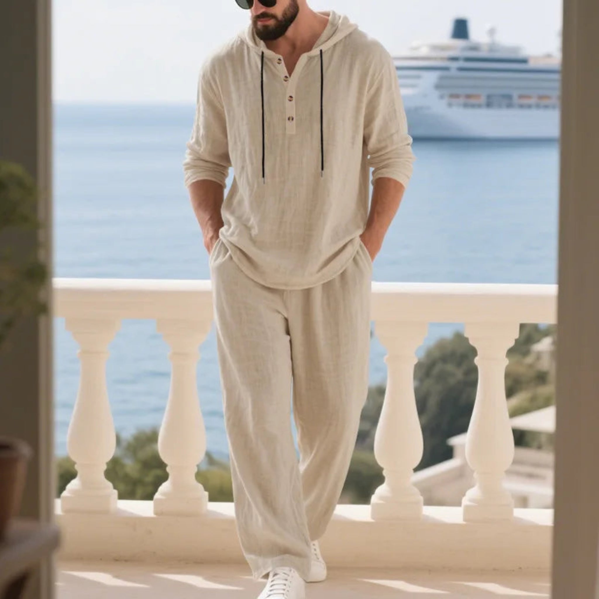 2-PC Loose Hooded Henry Shirt and Pants