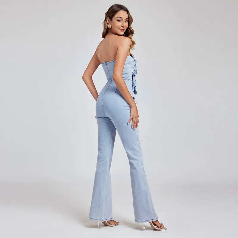 Boutique Wholesale 2025 Spring New Fashionable French Sexy Flower Denim Laundry Women's Jumpsuit