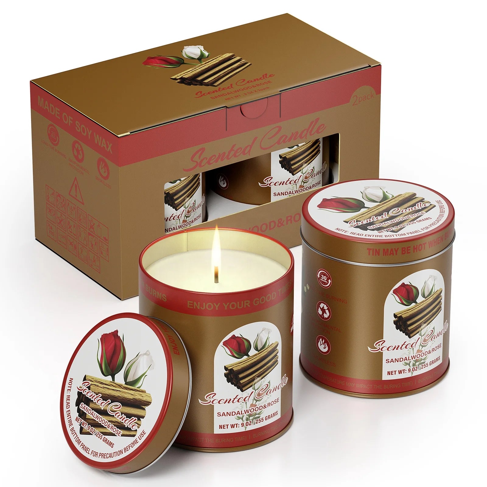 SANDALWOOD ROSE Scented Candle Set  2Pack 80H Burn Time Smokeless Soy Wax Aromatherapy Candle Gift Set Women&Men