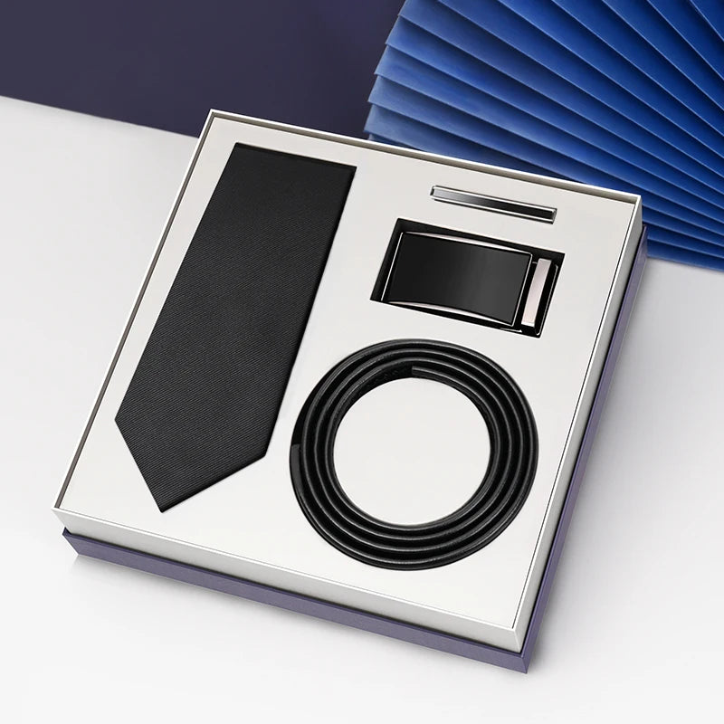Luxury Gift Set Silk Necktie and Genuine Leather Belts for Men's Wedding