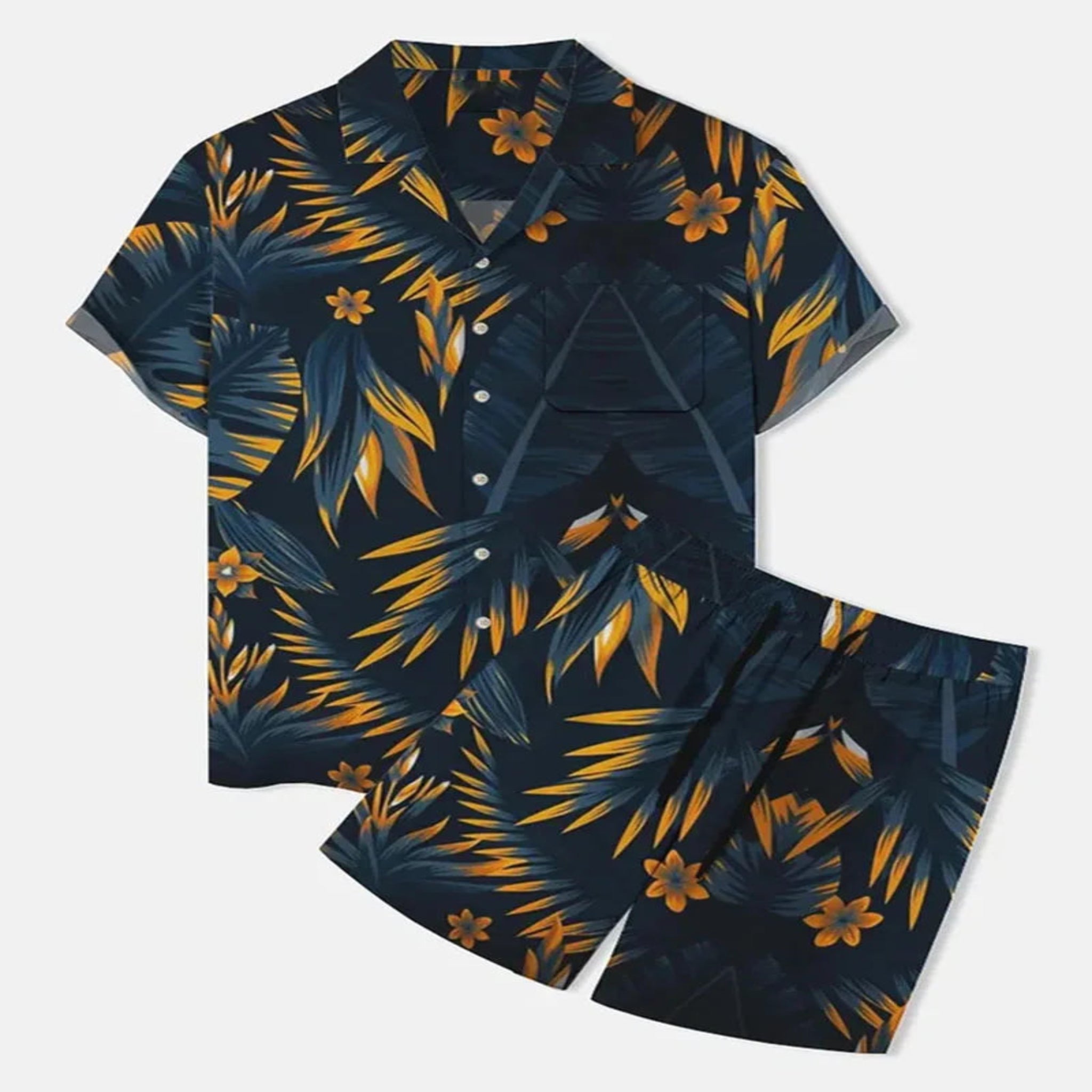 2-PC Print Patchwork Short Sleeve Shirt and Shorts set