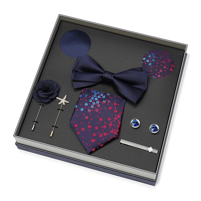 Men Gift Box Set 8CM Red and Royal Blue Tie Cufflink and Handkerchief Gift Set