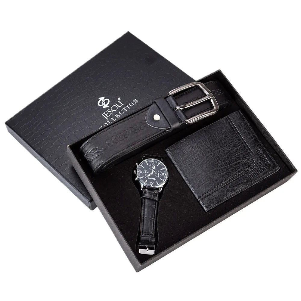 Birthday Gift Set for Men Stylish Dress Leather Strap Chronograph Wrist Watch+Wallet+Belt Wholesale Lots Set