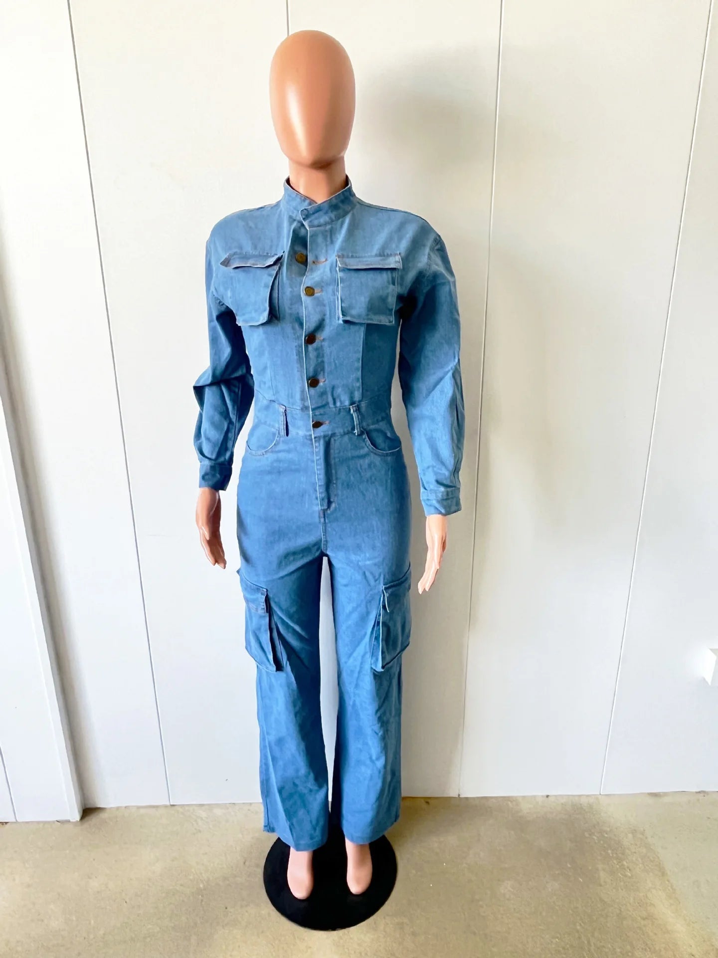New Spring Blue Fashion Denim Jumpsuit Women's Button Long Sleeve Straight Pants Multi-Pocket Suit Women's Denim Crane Pants