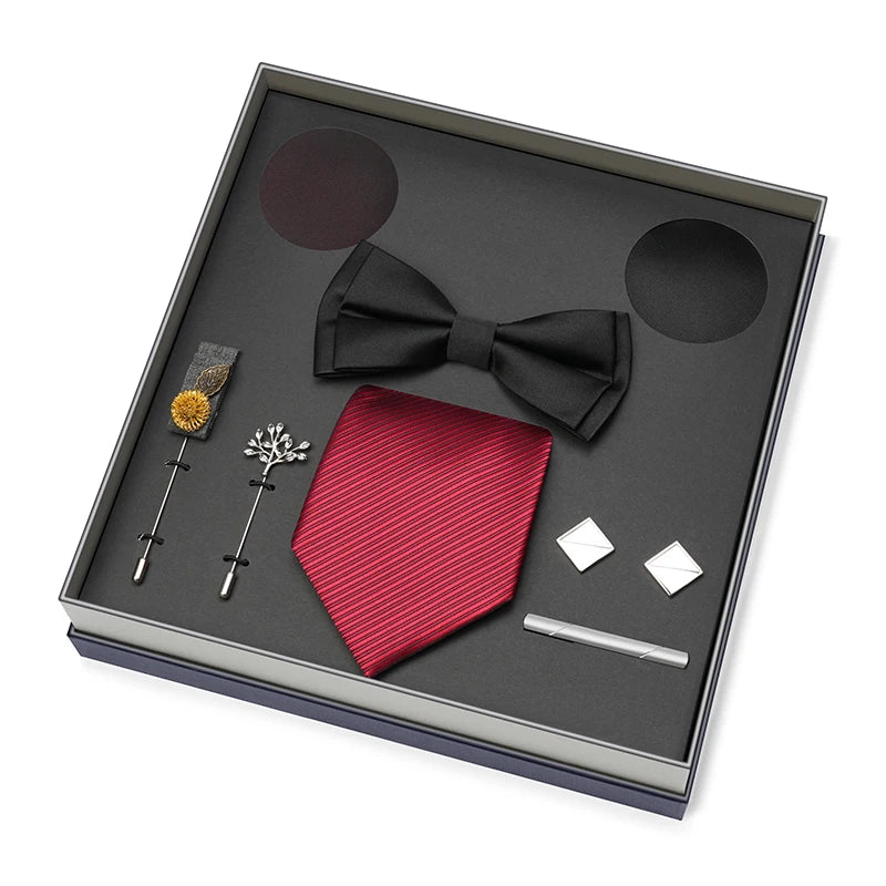Men Gift Box Set 8CM Red and Royal Blue Tie Cufflink and Handkerchief Gift Set