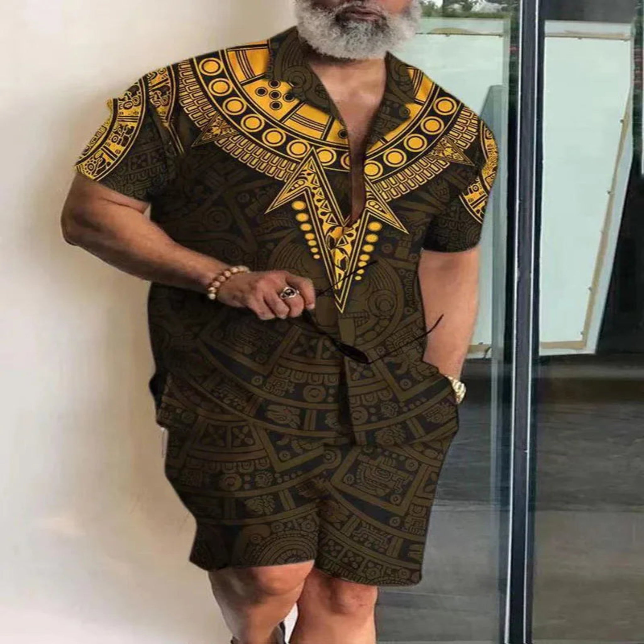 2-PC Print Patchwork Short Sleeve Shirt and Shorts set