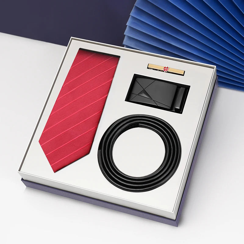 Luxury Gift Set Silk Necktie and Genuine Leather Belts for Men's Wedding