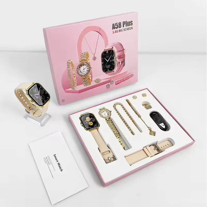 A58 Plus 2026 Women's Luxury Gold Watch Unique Gift Set Jewellery Gold Necklace Ring Double Band Smart Watch I20
