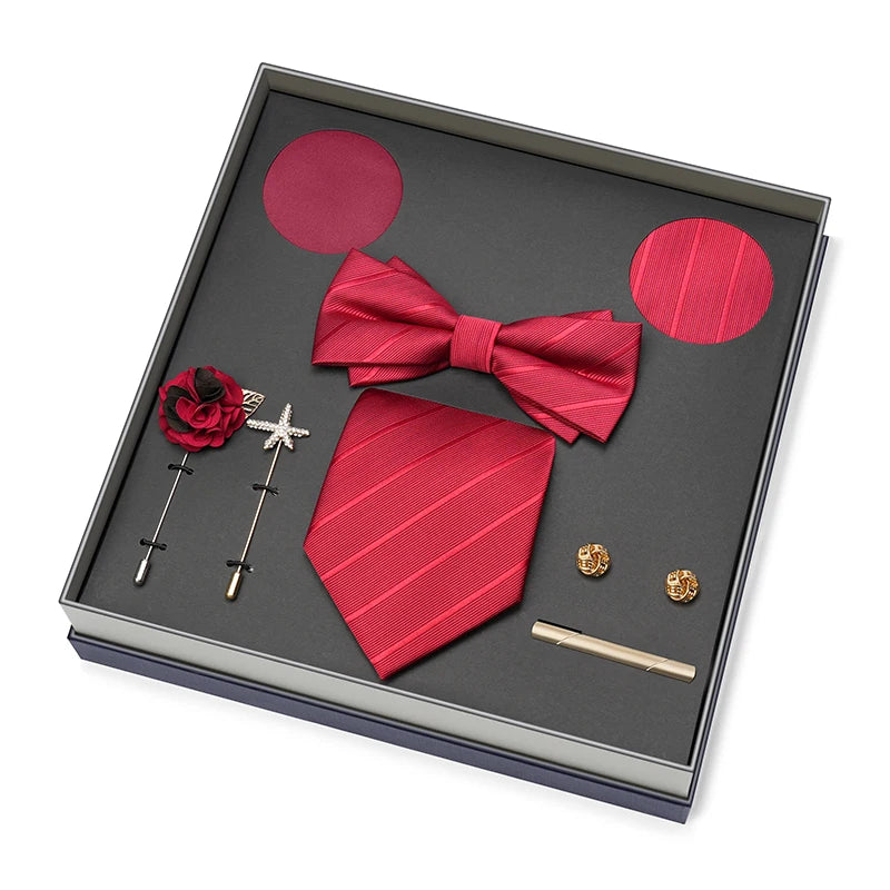 Men Gift Box Set 8CM Red and Royal Blue Tie Cufflink and Handkerchief Gift Set