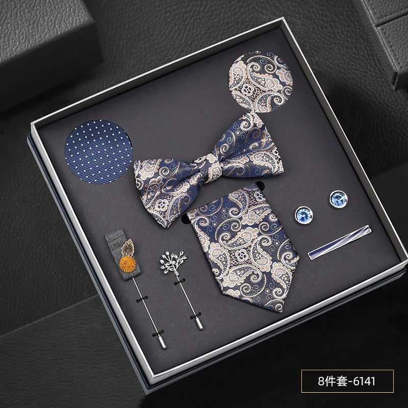 Men Gift Box Set 8CM Red and Royal Blue Tie Cufflink and Handkerchief Gift Set