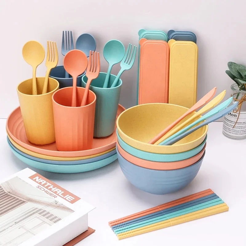 Wheat Straw Bowl Cup Plate 32-piece Tableware Creative Portable Knife, Fork, Spoon Chopsticks Tableware Gift Set