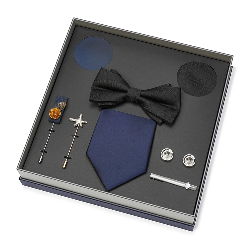 Men Gift Box Set 8CM Red and Royal Blue Tie Cufflink and Handkerchief Gift Set