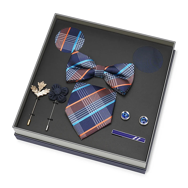 Men Gift Box Set 8CM Red and Royal Blue Tie Cufflink and Handkerchief Gift Set