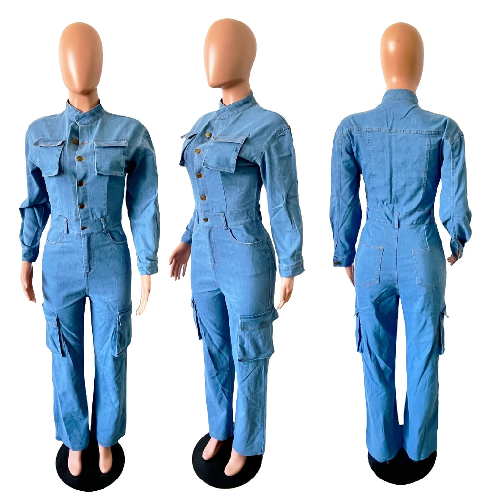 New Spring Blue Fashion Denim Jumpsuit Women's Button Long Sleeve Straight Pants Multi-Pocket Suit Women's Denim Crane Pants