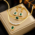 Exquisite Stainless Steel 18k Gold Emerald Zircon Heart Layered Pendant Necklace Earrings Bracelet Female Jewelry Gift Set