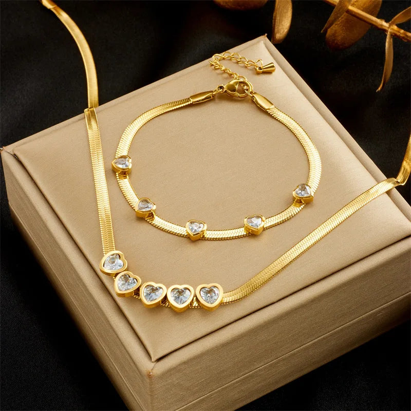 Exquisite Stainless Steel 18k Gold Emerald Zircon Heart Layered Pendant Necklace Earrings Bracelet Female Jewelry Gift Set