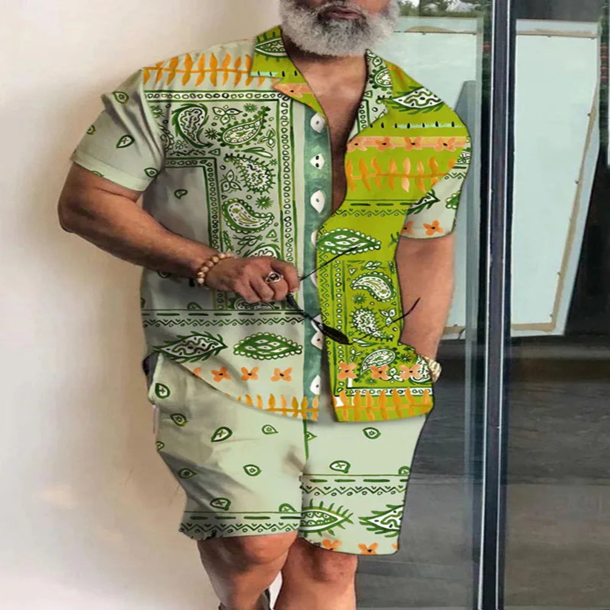 2-PC Print Patchwork Short Sleeve Shirt and Shorts set
