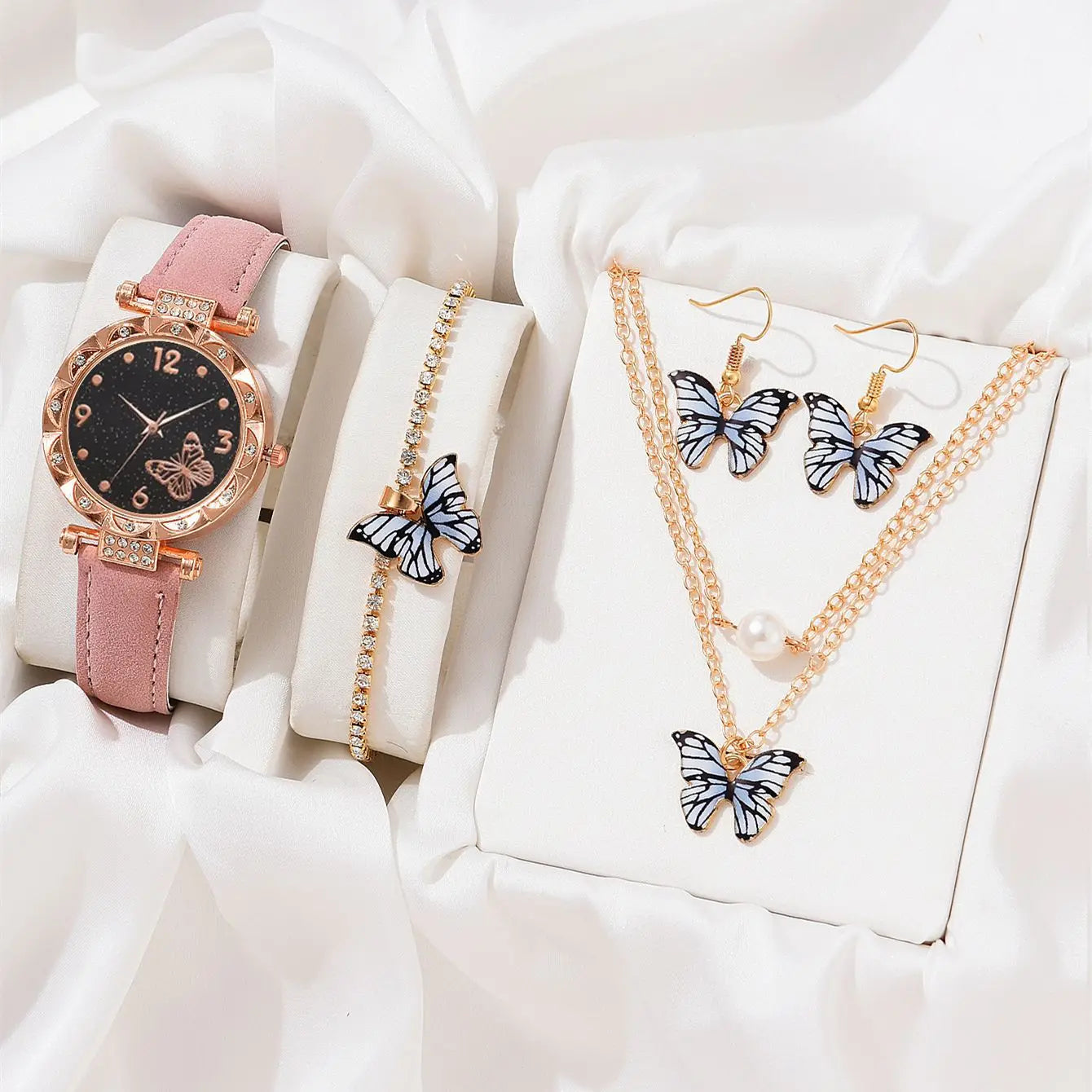 New Design Luxury 4 PCS butterfly Jewelry Watch Women Gift Set  Ladies Necklace Bracelet Watch Set