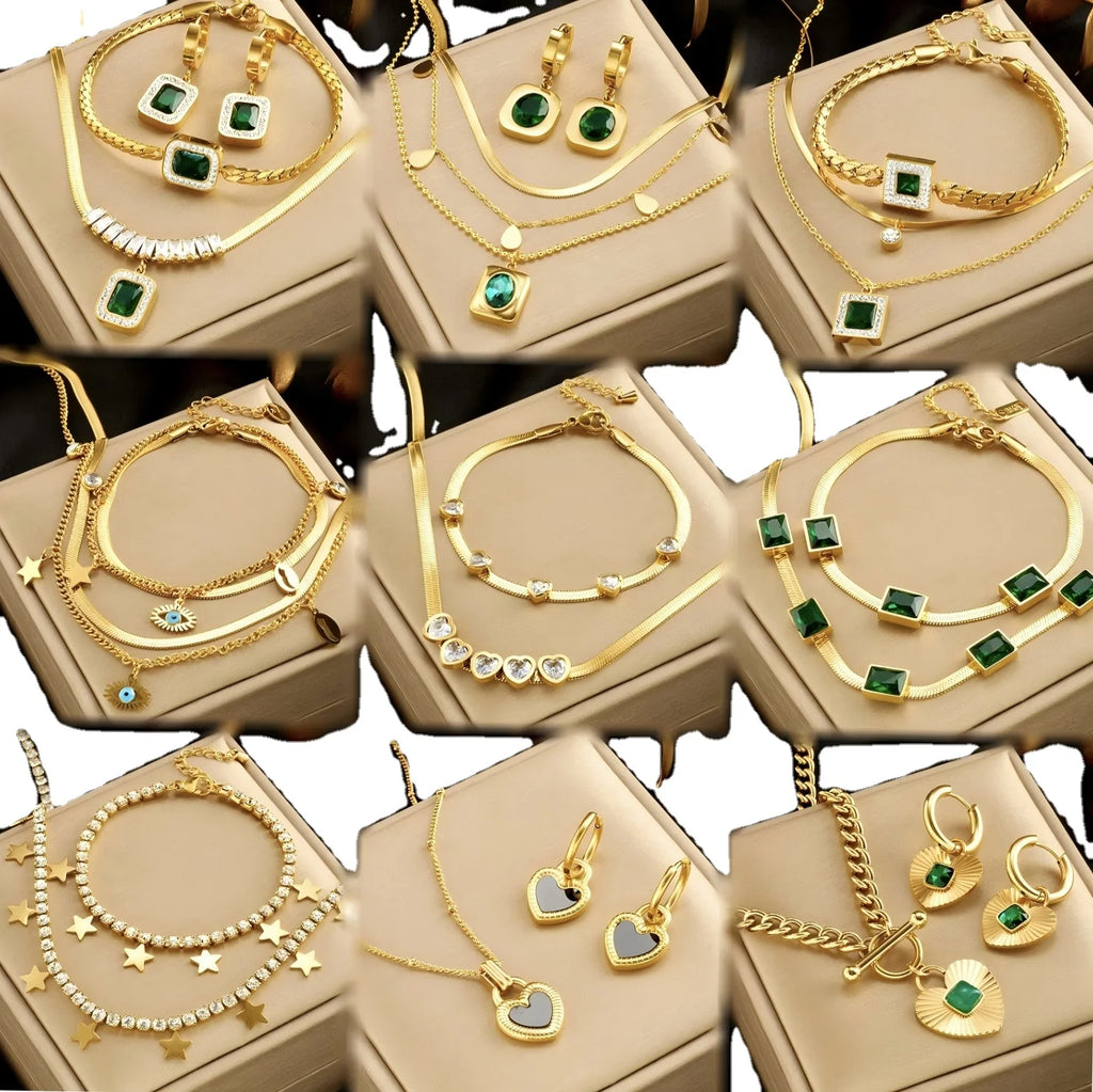 Exquisite Stainless Steel 18k Gold Emerald Zircon Heart Layered Pendant Necklace Earrings Bracelet Female Jewelry Gift Set