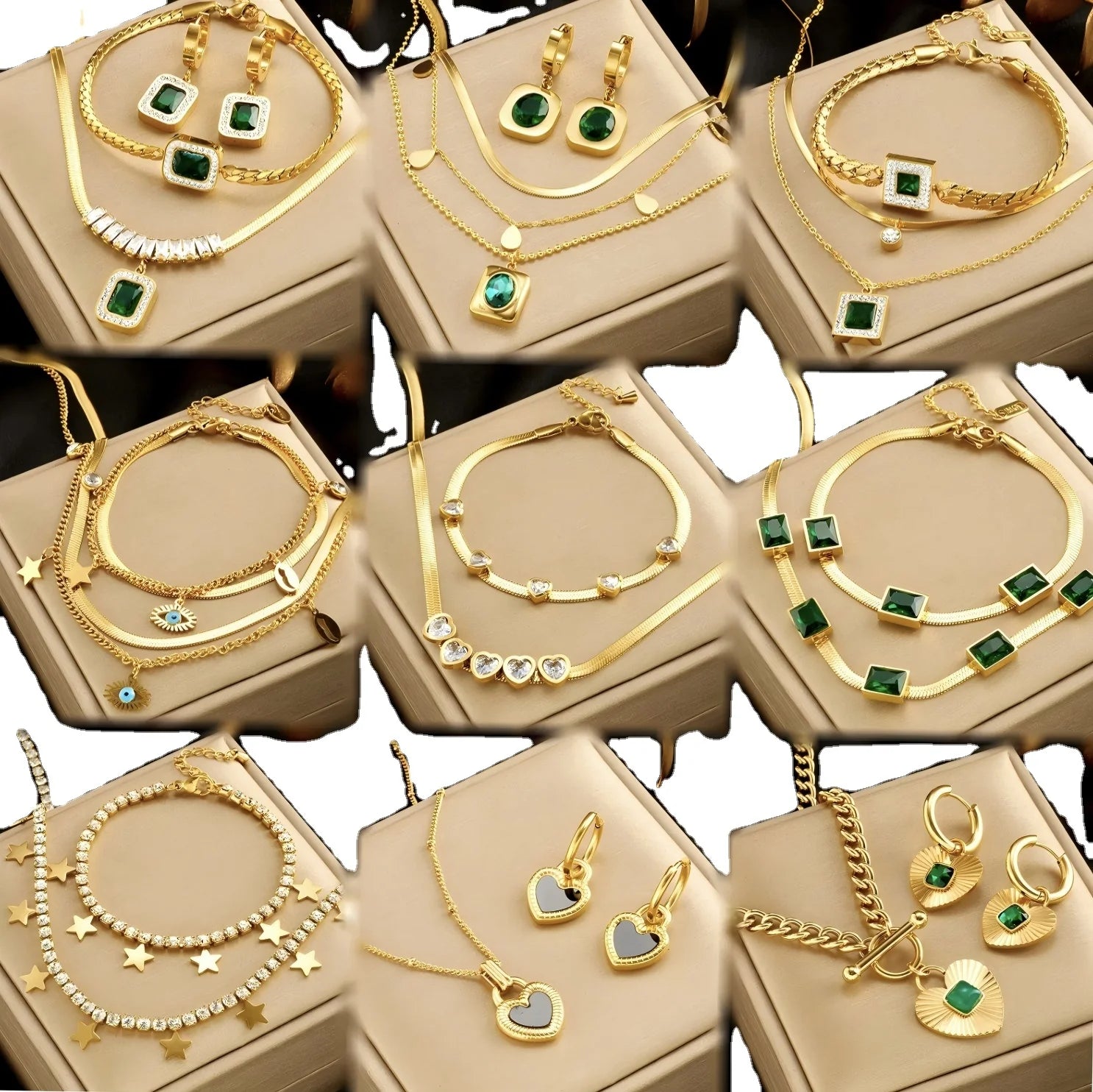 Exquisite Stainless Steel 18k Gold Emerald Zircon Heart Layered Pendant Necklace Earrings Bracelet Female Jewelry Gift Set