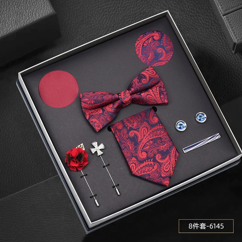 Men Gift Box Set 8CM Red and Royal Blue Tie Cufflink and Handkerchief Gift Set