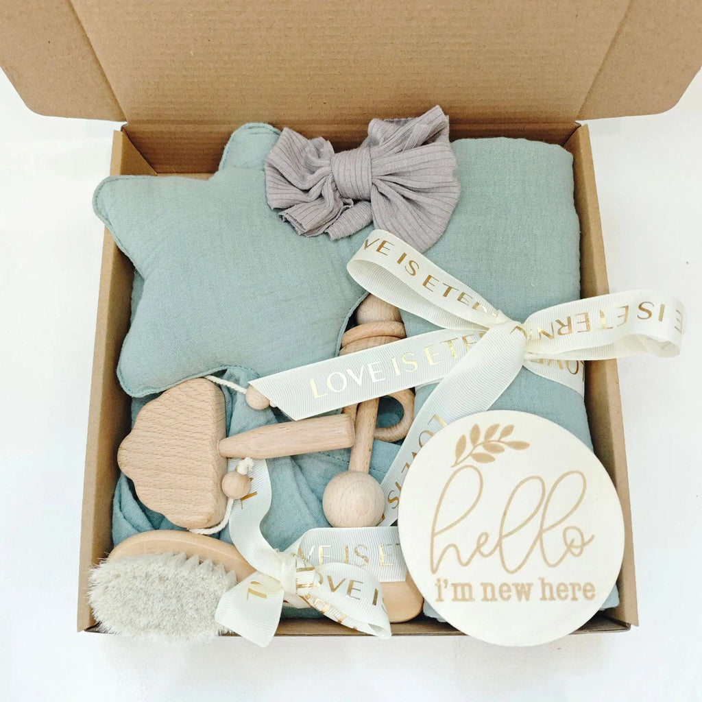 Wood Toy Teething Baby Shower Newborn Gift Set,Gender Neutral Gift Set Breathable Cotton Newborn Shower Gift