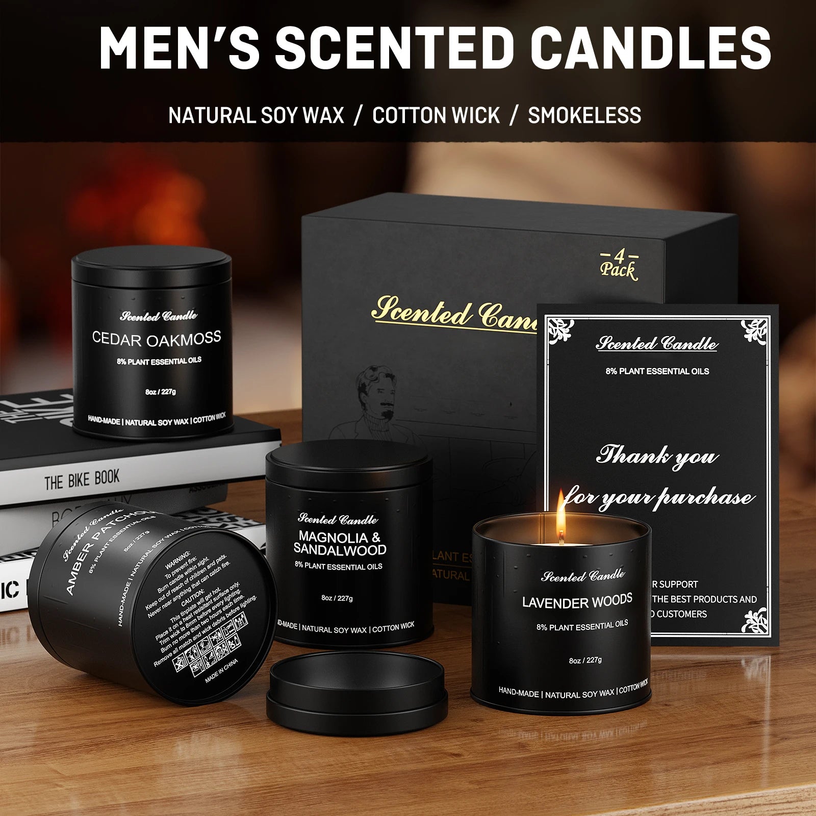 Scented Candles for Men  4 Pack Soy Candle Gift Set, Masculine Home Candles  Gift for Men, Dad, Him