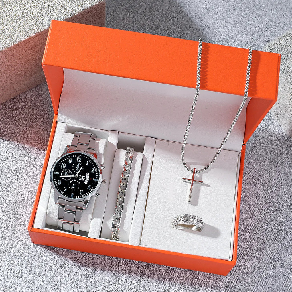 Promotional 4-Piece Silver Plated Watch Bracelet Necklace Ring Gift Set Collection