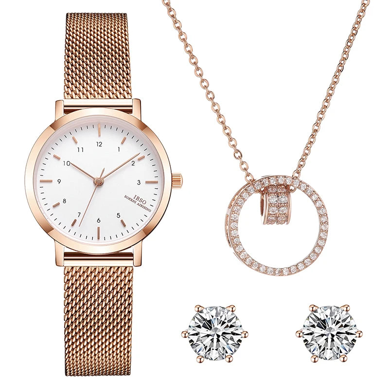 IBSO Fashion Watch Set, Exquisite Matching Bracelet with Mesh Strap Quartz Watch, Holiday Gift Set