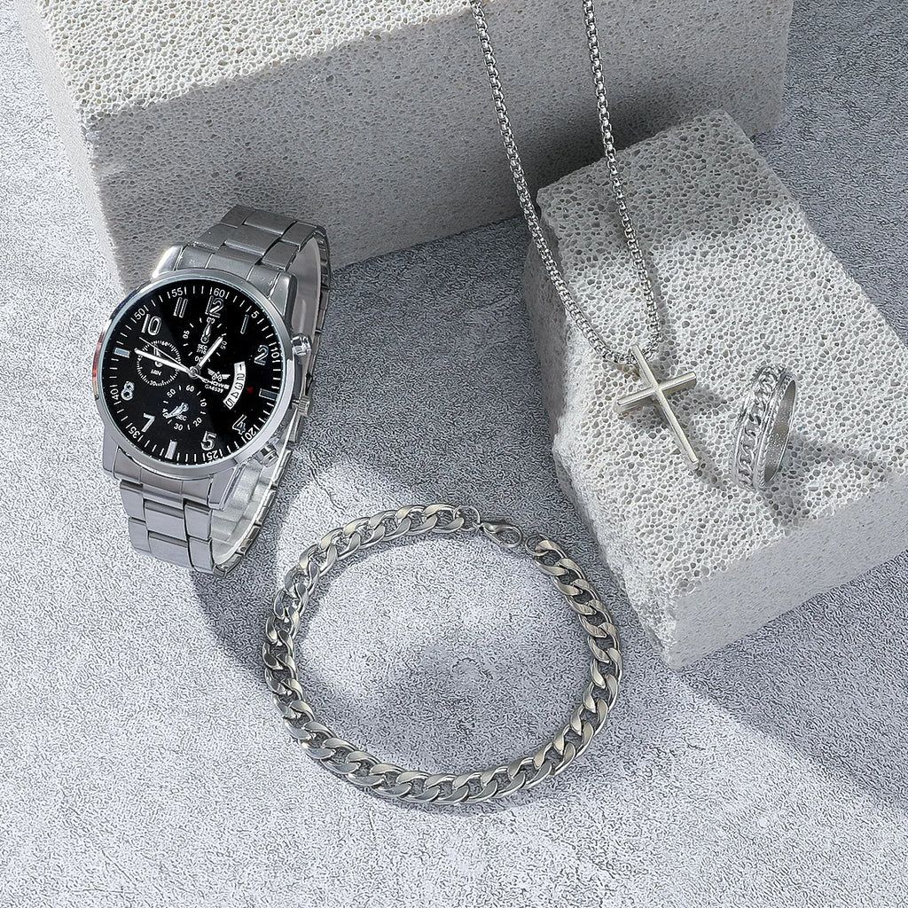 Promotional 4-Piece Silver Plated Watch Bracelet Necklace Ring Gift Set Collection