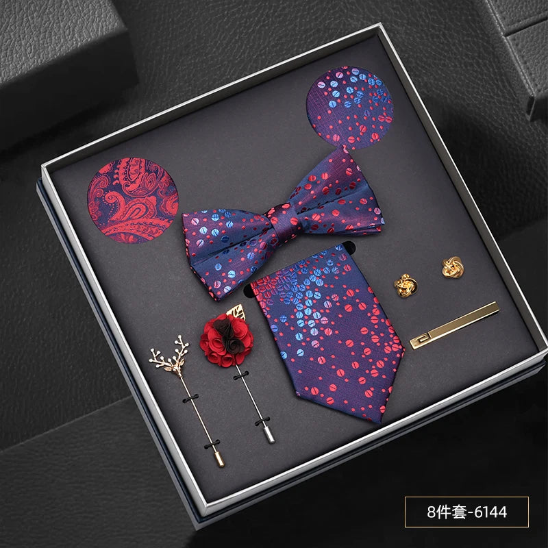 Men Gift Box Set 8CM Red and Royal Blue Tie Cufflink and Handkerchief Gift Set