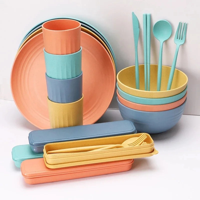Wheat Straw Bowl Cup Plate 32-piece Tableware Creative Portable Knife, Fork, Spoon Chopsticks Tableware Gift Set