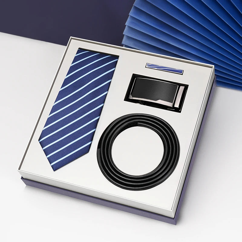 Luxury Gift Set Silk Necktie and Genuine Leather Belts for Men's Wedding