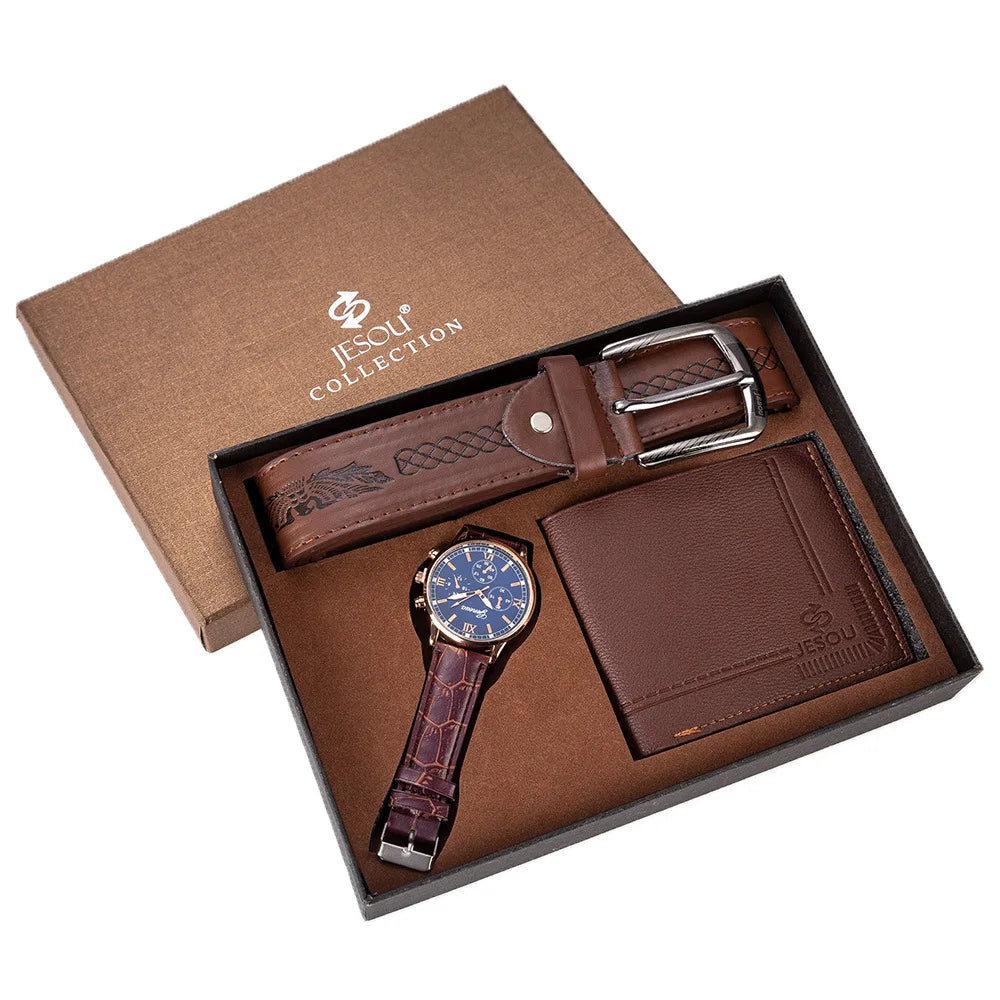 Birthday Gift Set for Men Stylish Dress Leather Strap Chronograph Wrist Watch+Wallet+Belt Wholesale Lots Set