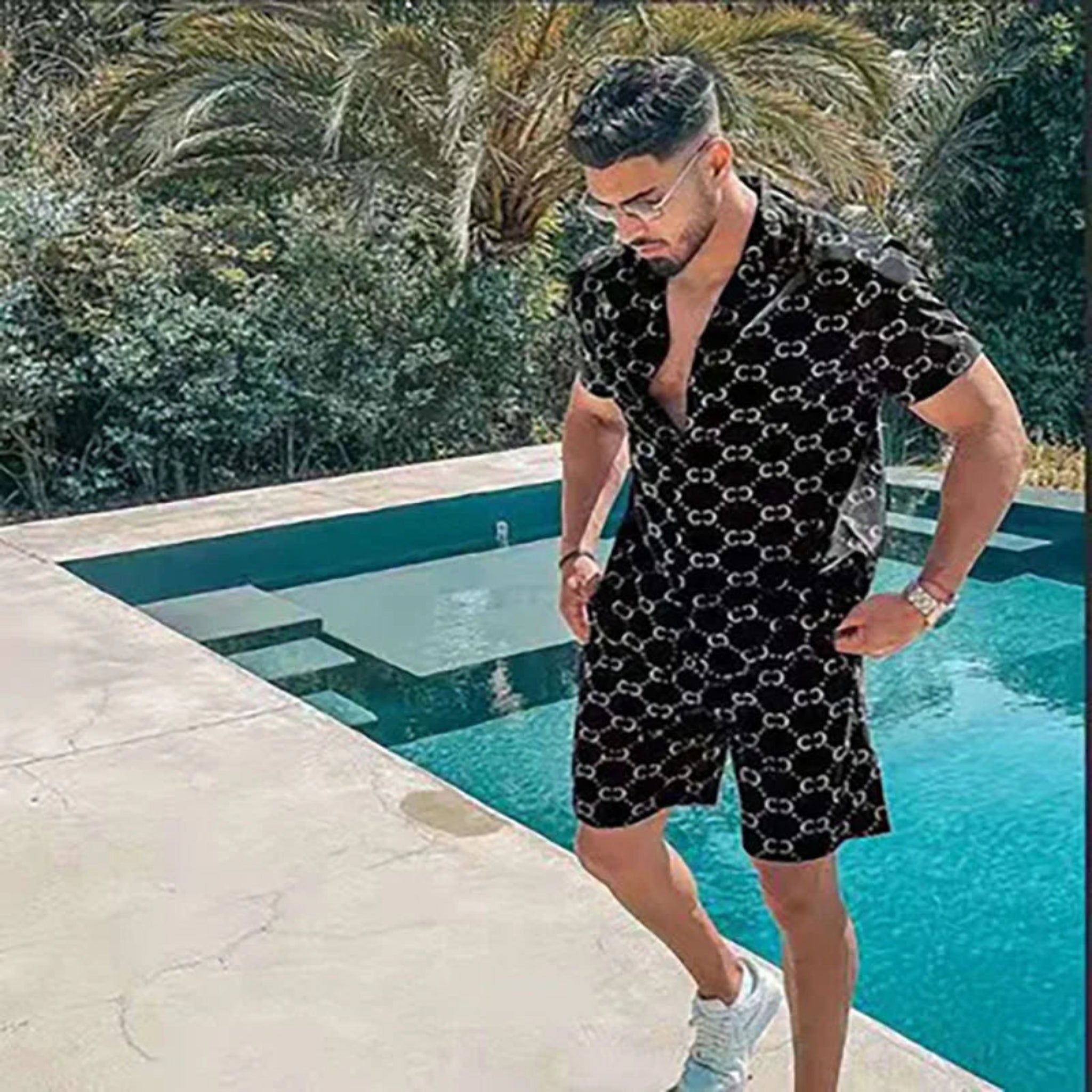 2-PC Print Patchwork Short Sleeve Shirt and Shorts set