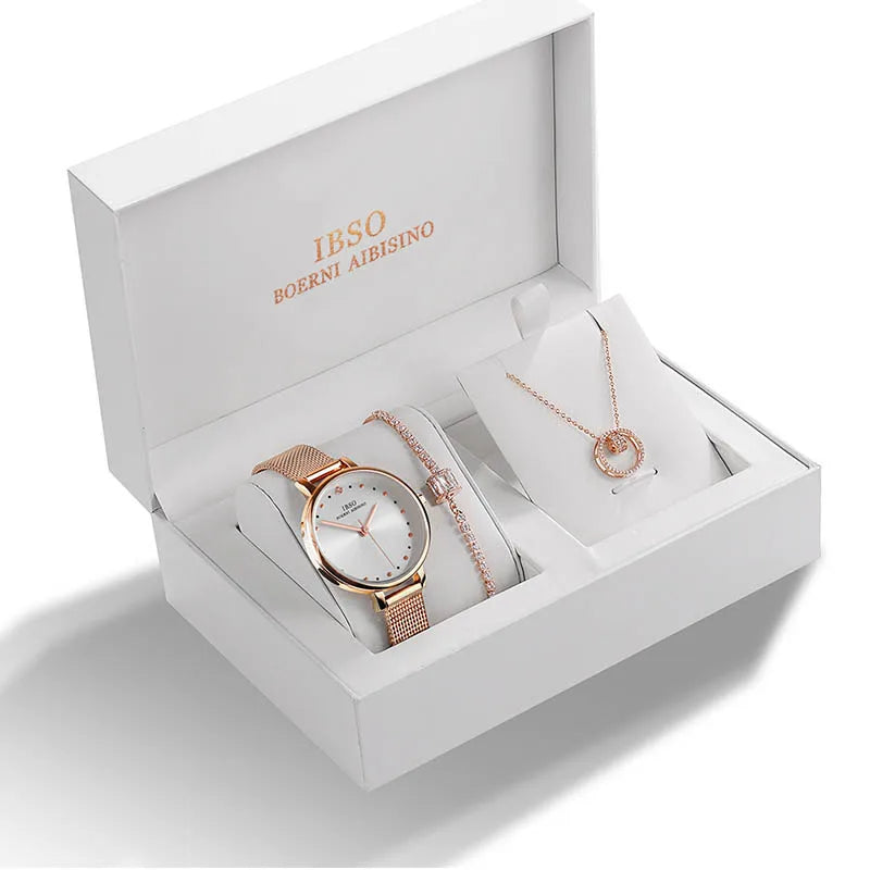 IBSO Brand Female Elegant Jewelry Set Steel Quartz Wristwatch Lady Charm Crystal Pendant Necklace Bracelet Women Gift Set