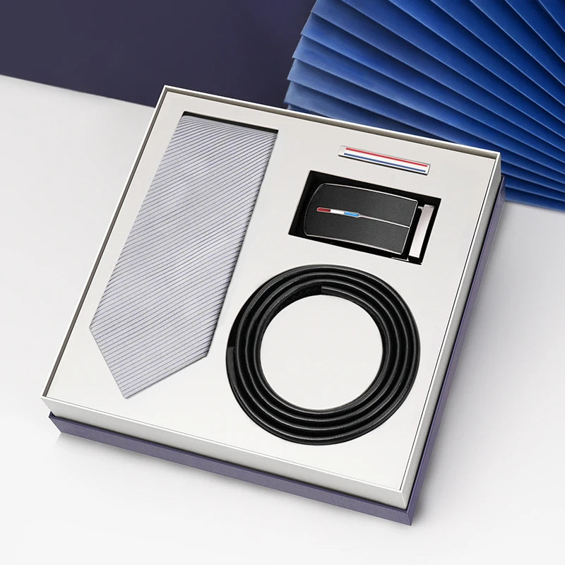 Luxury Gift Set Silk Necktie and Genuine Leather Belts for Men's Wedding