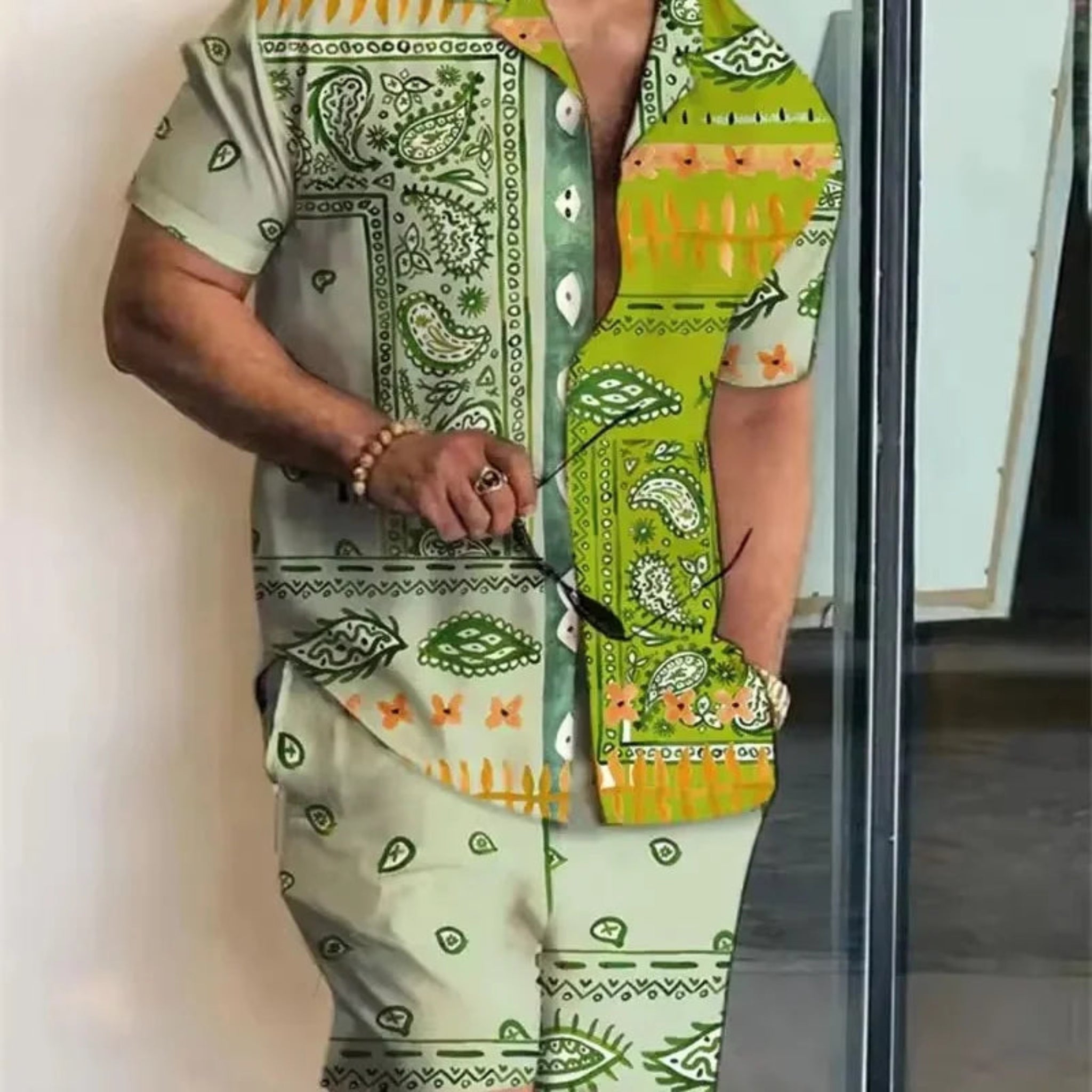 2-PC Print Patchwork Short Sleeve Shirt and Shorts set
