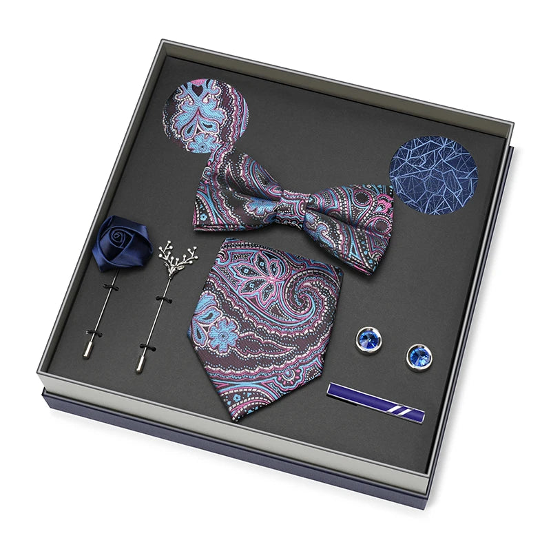 Men Gift Box Set 8CM Red and Royal Blue Tie Cufflink and Handkerchief Gift Set