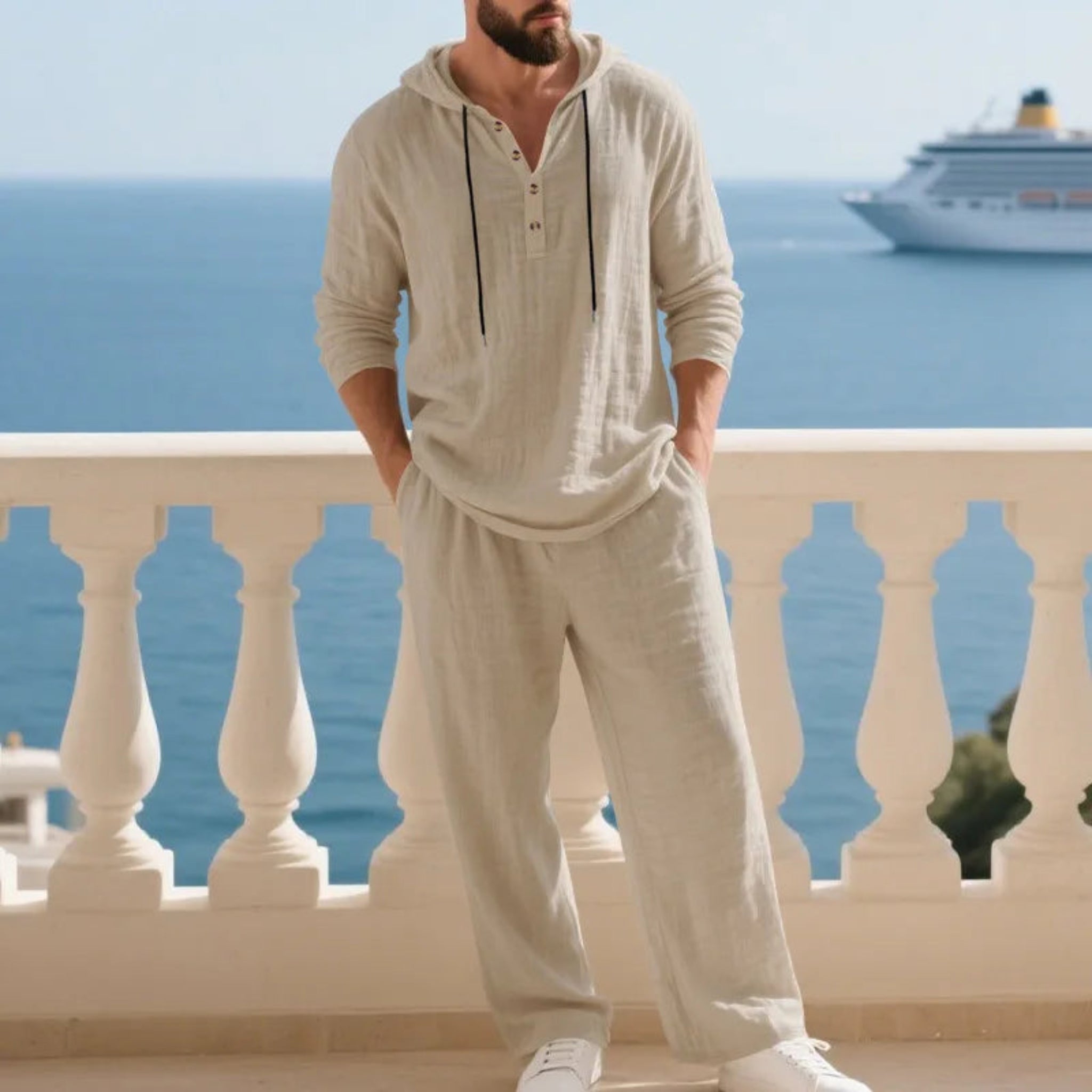 2-PC Loose Hooded Henry Shirt and Pants
