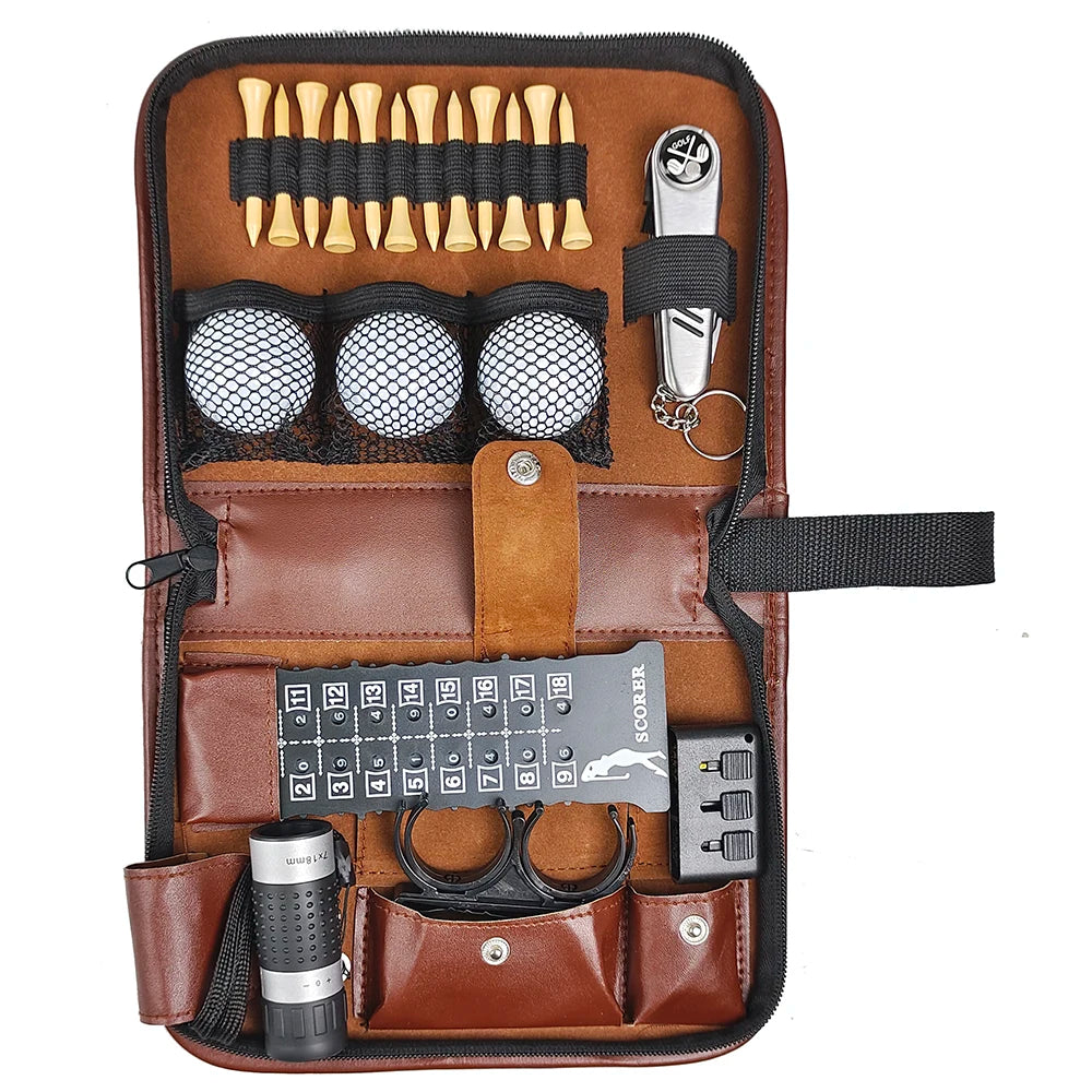 Multifunctional Durable Brown PVC Golf Accessories Gift Set Scorecard Holder Tool Carrying Bag Pouches Convenient Custom Logo
