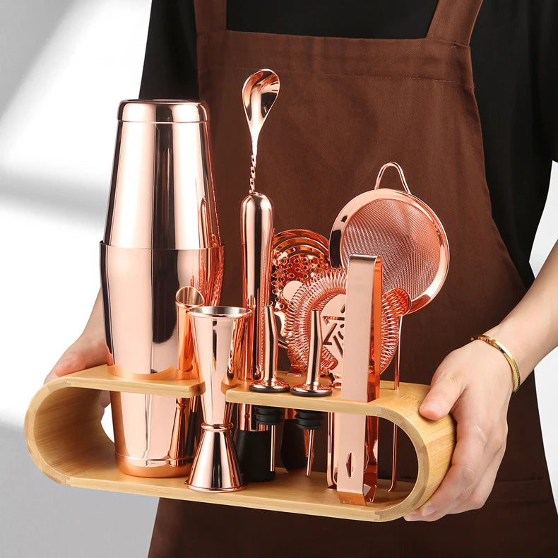 Factory Stainless Steel Barware Kit Includes Boston Cocktail Shaker Travel Gift Set Bamboo Stand-Premium Metal Bar Accessories