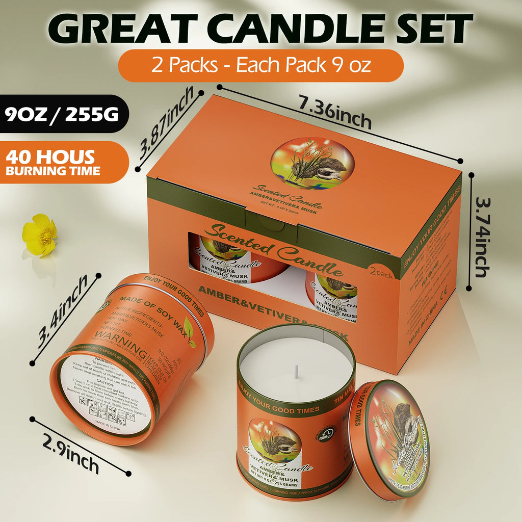 AMBER & VETIVER & MUSK Scented Candle Set  2Pack 80H Burn Time Smokeless Soy Wax Aromatherapy Candle Gift Set Women&Men
