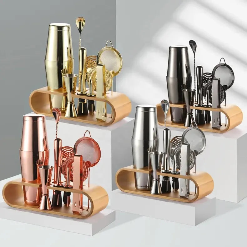 Factory Stainless Steel Barware Kit Includes Boston Cocktail Shaker Travel Gift Set Bamboo Stand-Premium Metal Bar Accessories