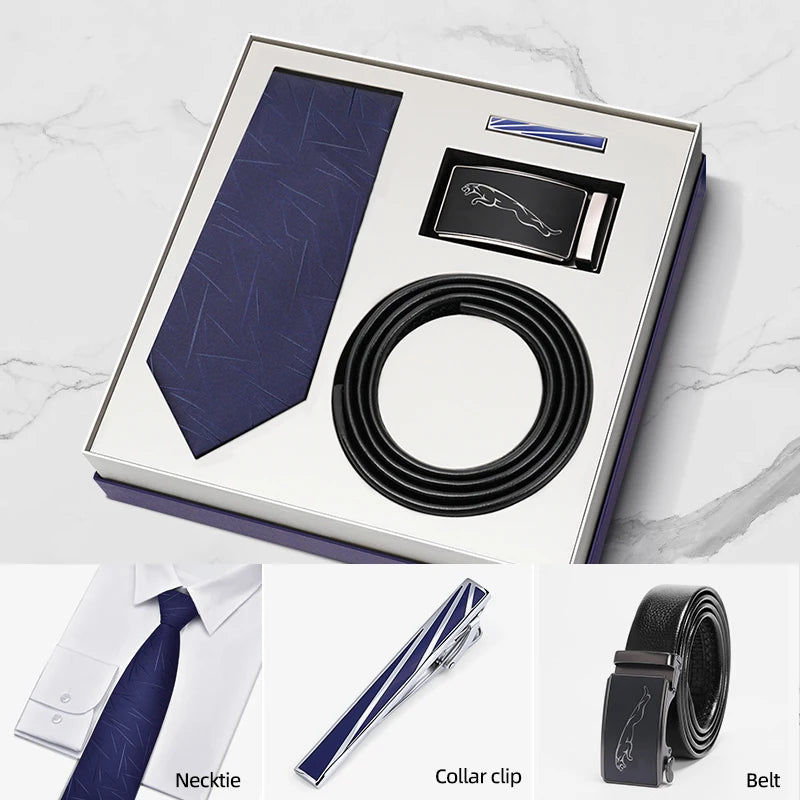 Luxury Gift Set Silk Necktie and Genuine Leather Belts for Men's Wedding