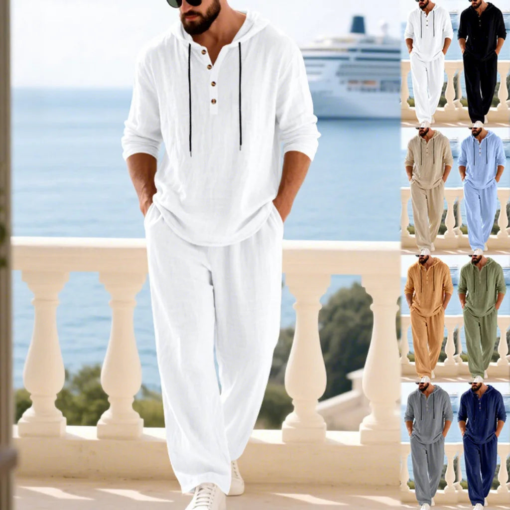 2-PC Loose Hooded Henry Shirt and Pants