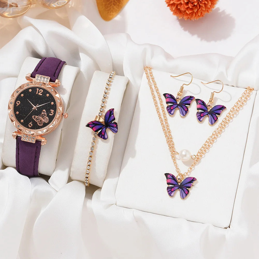 New Design Luxury 4 PCS butterfly Jewelry Watch Women Gift Set  Ladies Necklace Bracelet Watch Set