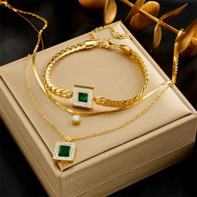 Exquisite Stainless Steel 18k Gold Emerald Zircon Heart Layered Pendant Necklace Earrings Bracelet Female Jewelry Gift Set