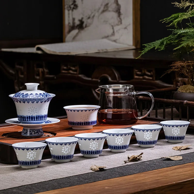 Blue and White Exquisite Porcelain Tableware Gift Set Cover Bowl Tall Teacup Gift Box Packaging